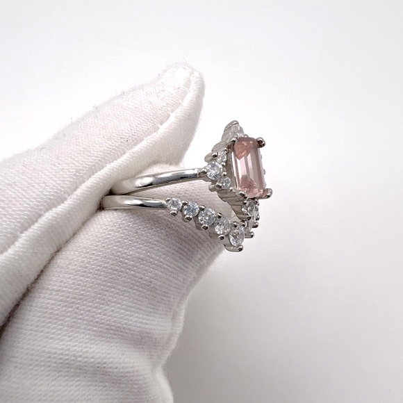 .925 Sterling Silver Light Morganite Cz & Clear Cz 2 PC Ring Set - Picture 12 of 17